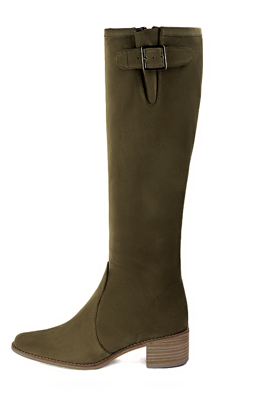 Khaki green women's knee-high boots with buckles. Round toe. Low leather soles. Made to measure. Profile view - Florence KOOIJMAN